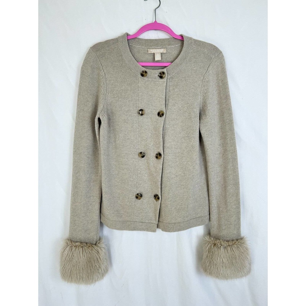 Banana Republic Sweater Womens Medium Cream Cashmere Knit Faux Fur Button Front